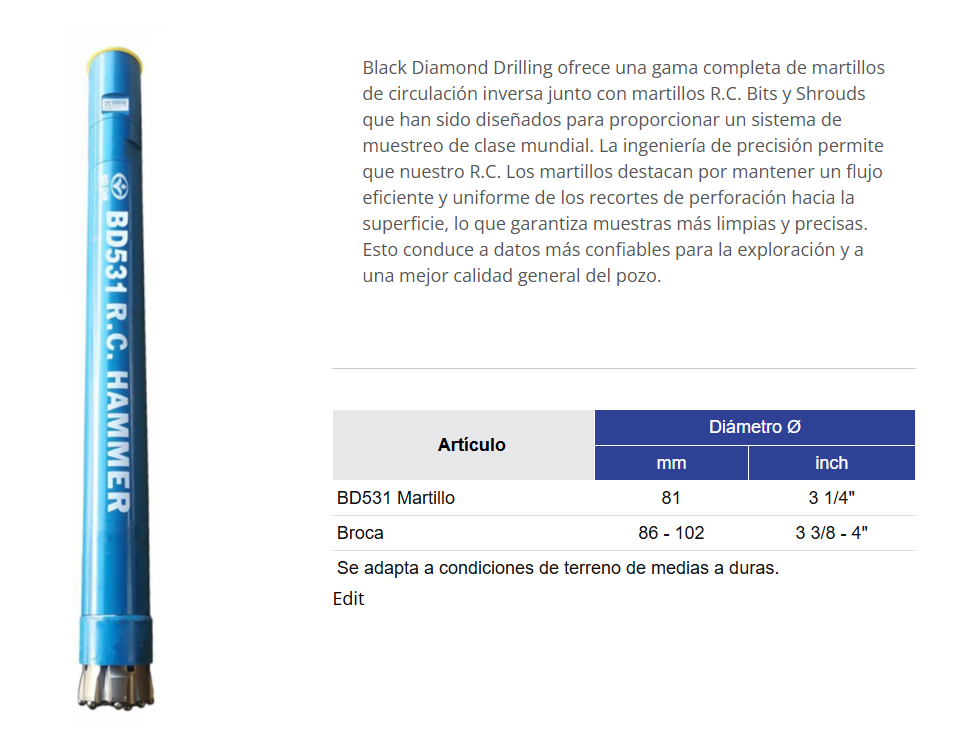 BD531 Información del martillo de circulación inversa