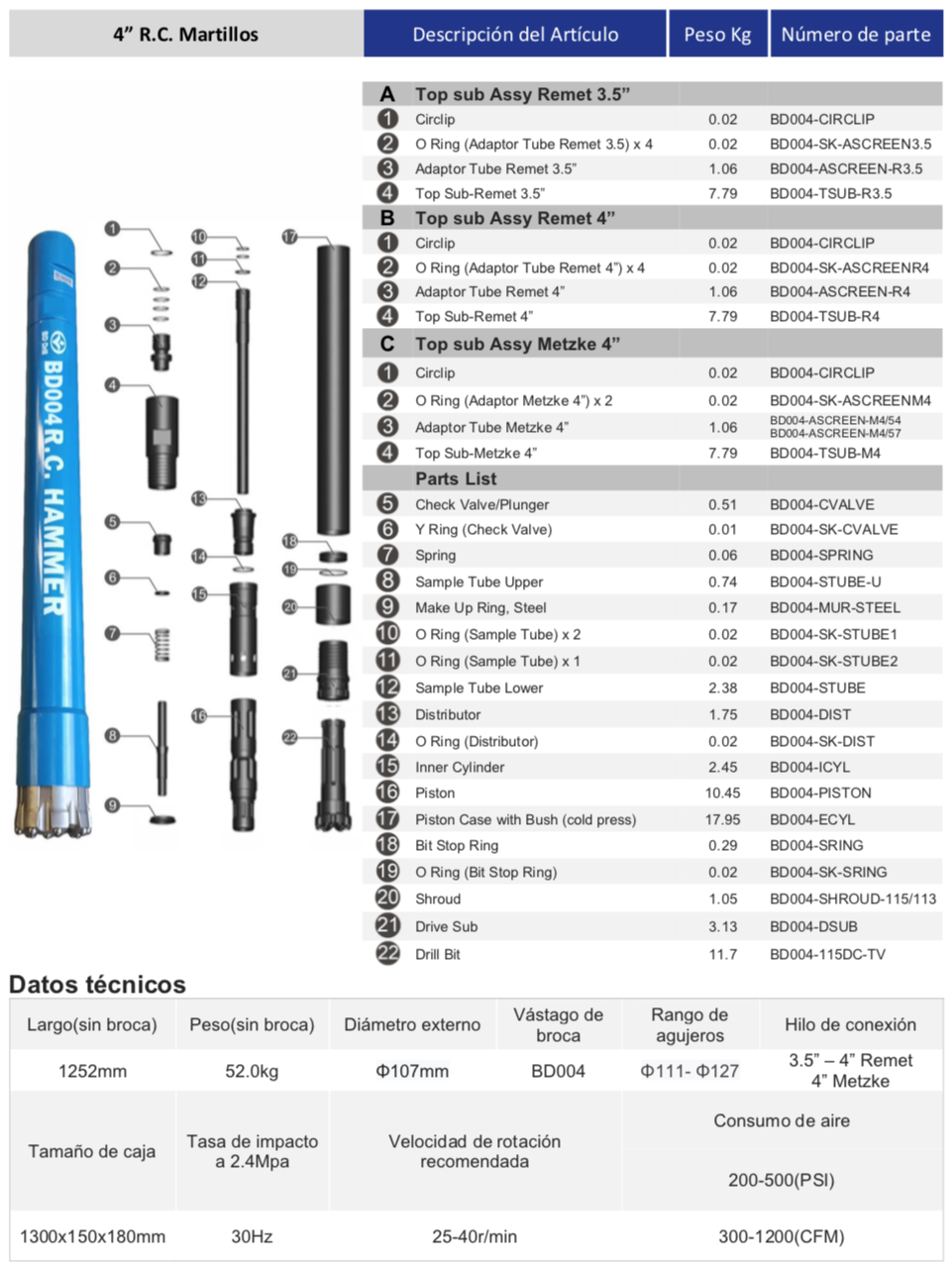 Black Diamond Drilling BD004-Especificaciones del martillo de circulación inversa
