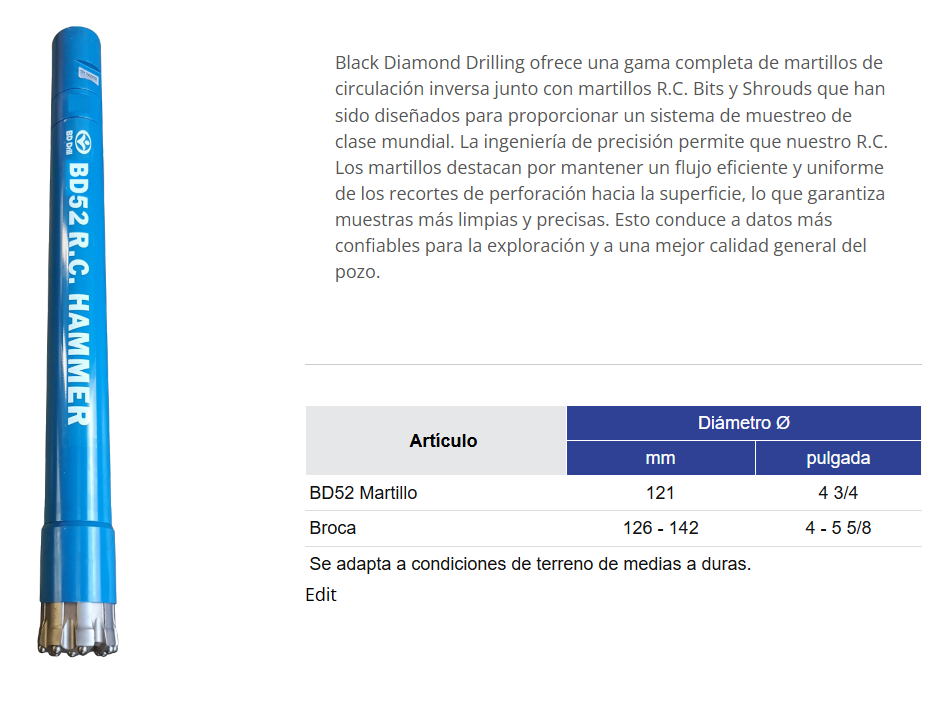 Black Diamond Drilling BD52 Martillo de circulación inversa Información