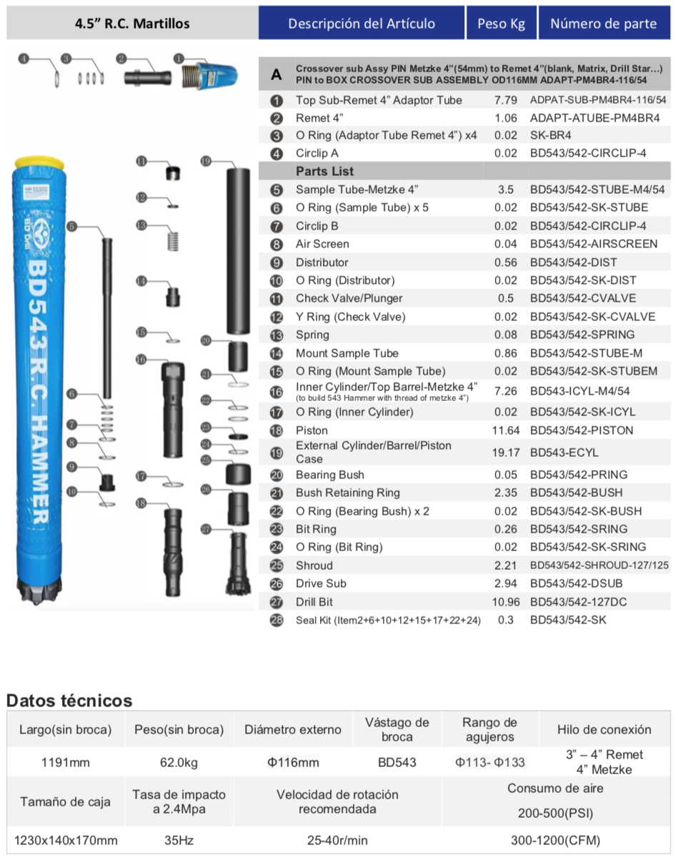 Black Diamond Drilling BD543-Especificaciones del martillo de circulación inversa