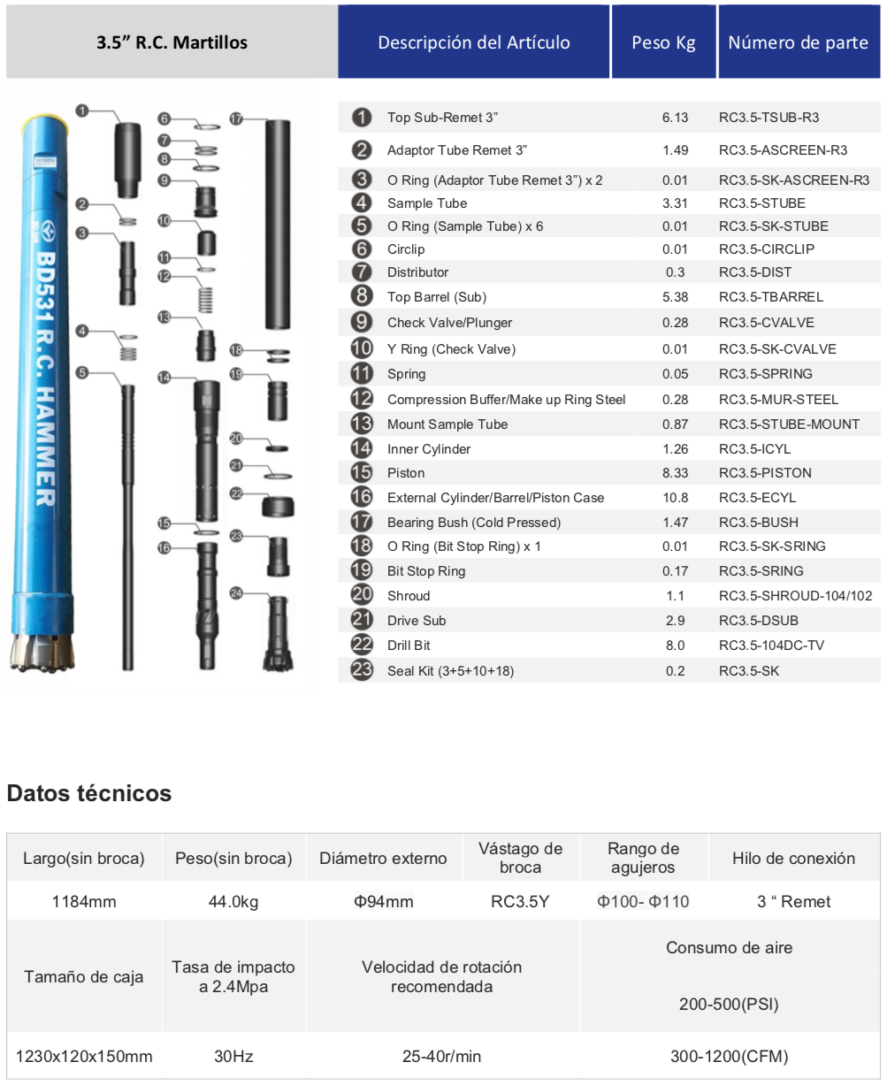 Black Diamond Drilling RC3.5-Especificaciones del martillo de circulación inversa
